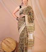 olive green zari work, tassle cotton silk blend bhagalpuri ethnic saree with unstitched blouse