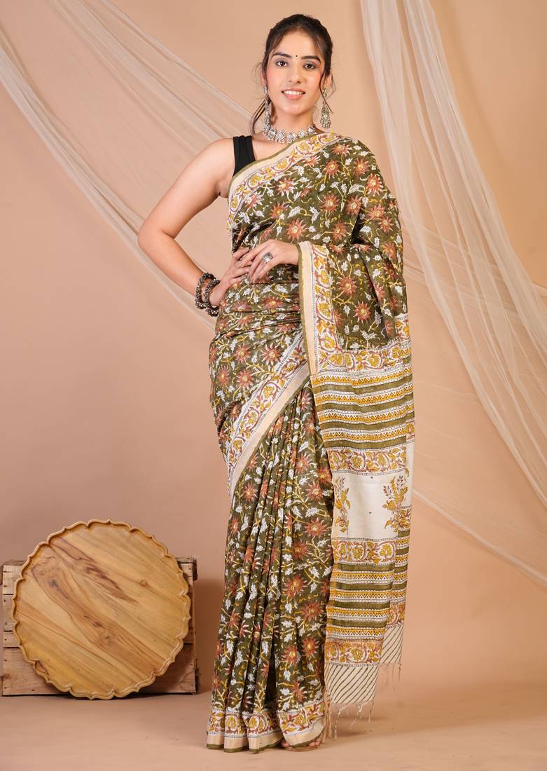olive green zari work, tassle cotton silk blend bhagalpuri ethnic saree with unstitched blouse