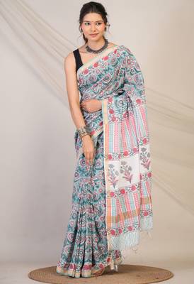 turquoise zari work, tassle cotton silk blend bhagalpuri ethnic saree with unstitched blouse 1