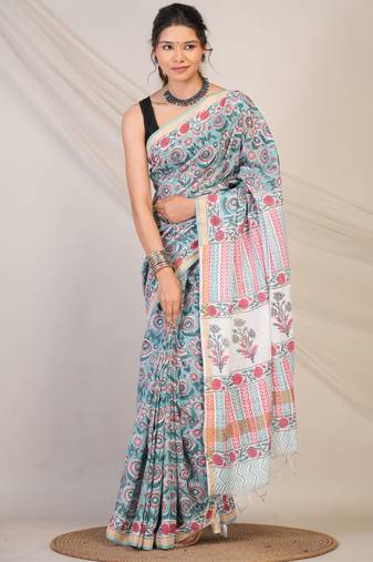 turquoise zari work, tassle cotton silk blend bhagalpuri ethnic saree with unstitched blouse