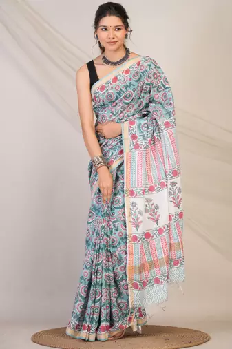 turquoise zari work, tassle cotton silk blend bhagalpuri ethnic saree with unstitched blouse