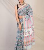 turquoise zari work, tassle cotton silk blend bhagalpuri ethnic saree with unstitched blouse