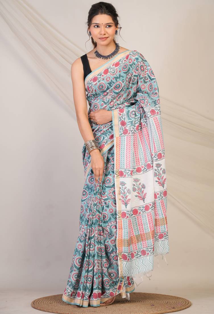 turquoise zari work, tassle cotton silk blend bhagalpuri ethnic saree with unstitched blouse