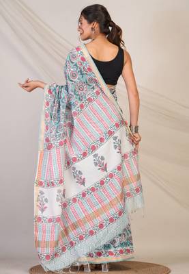 turquoise zari work, tassle cotton silk blend bhagalpuri ethnic saree with unstitched blouse 2