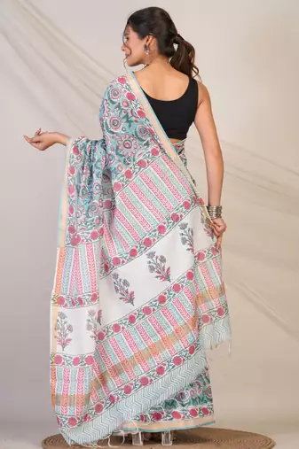 turquoise zari work, tassle cotton silk blend bhagalpuri ethnic saree with unstitched blouse