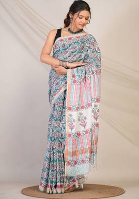 turquoise zari work, tassle cotton silk blend bhagalpuri ethnic saree with unstitched blouse 3