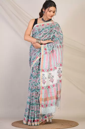 turquoise zari work, tassle cotton silk blend bhagalpuri ethnic saree with unstitched blouse