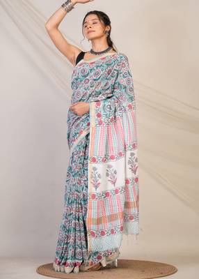 turquoise zari work, tassle cotton silk blend bhagalpuri ethnic saree with unstitched blouse 4