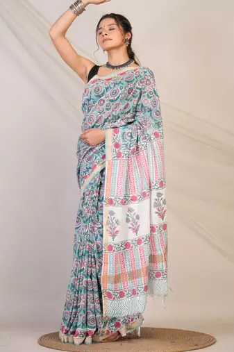 turquoise zari work, tassle cotton silk blend bhagalpuri ethnic saree with unstitched blouse
