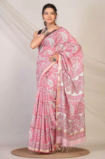 pink zari work, tassle cotton silk blend bhagalpuri ethnic saree with unstitched blouse