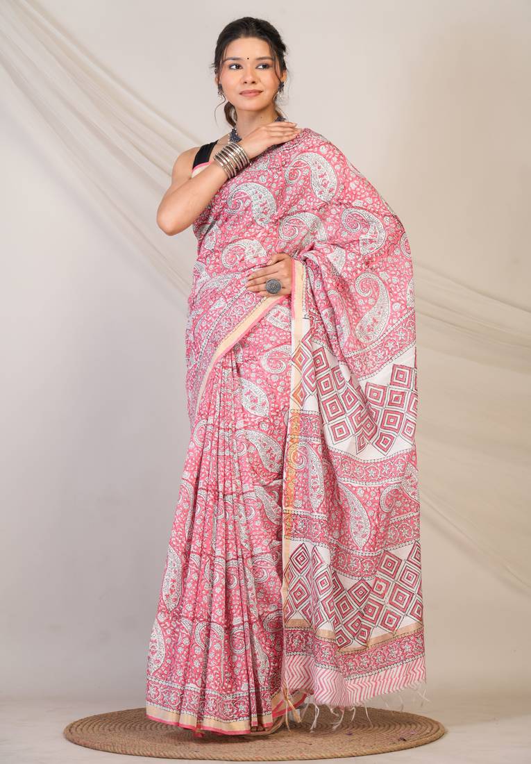 pink zari work, tassle cotton silk blend bhagalpuri ethnic saree with unstitched blouse