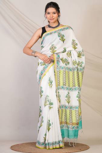 white zari work, tassle cotton silk blend bhagalpuri ethnic saree with unstitched blouse
