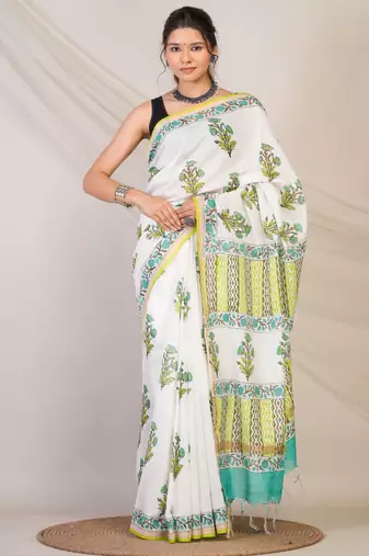 white zari work, tassle cotton silk blend bhagalpuri ethnic saree with unstitched blouse