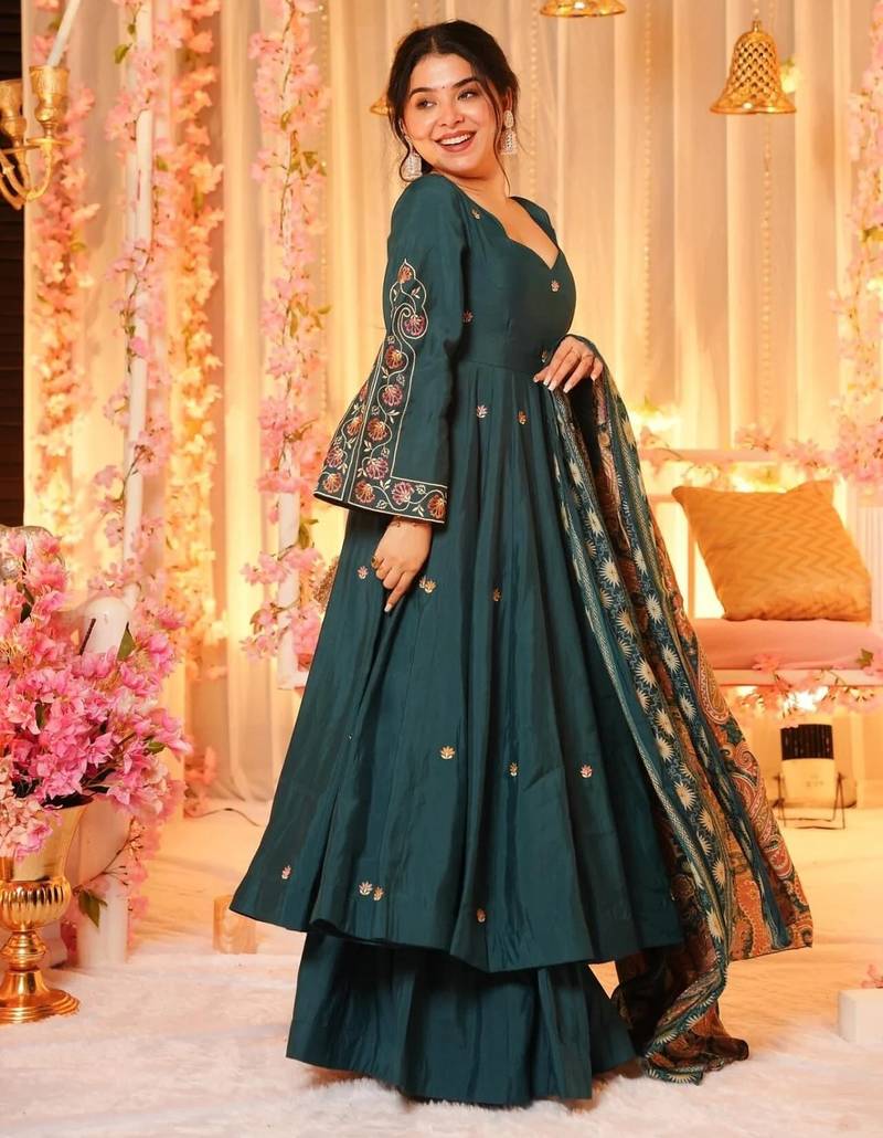 Green Chanderi Embroidery Work Flared Anarkali Sharara and Dupatta Set