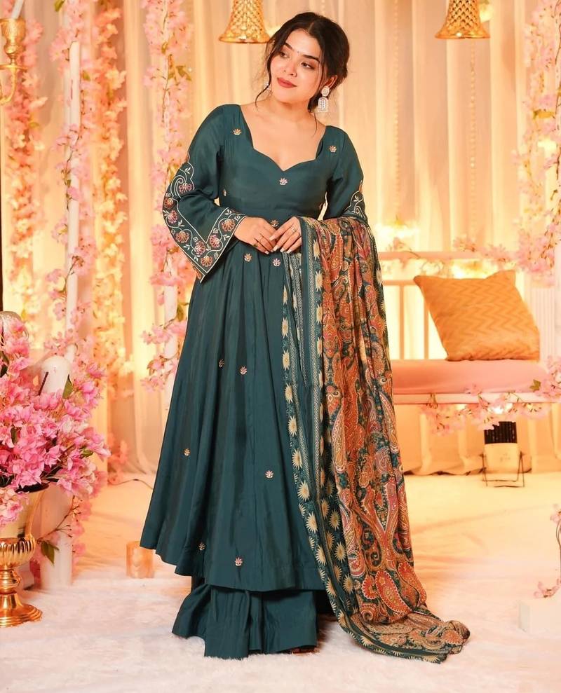Green Chanderi Embroidery Work Flared Anarkali Sharara and Dupatta Set