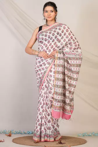 white zari work, tassle cotton silk blend bhagalpuri ethnic saree with unstitched blouse