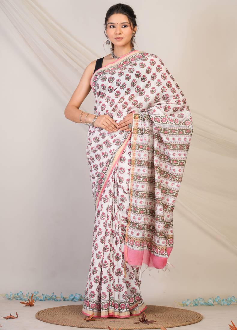 white zari work, tassle cotton silk blend bhagalpuri ethnic saree with unstitched blouse