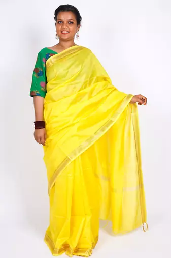 lemon yellow zari work, maheshwari tusser silk blend bhagalpuri ethnic saree with unstitched blouse