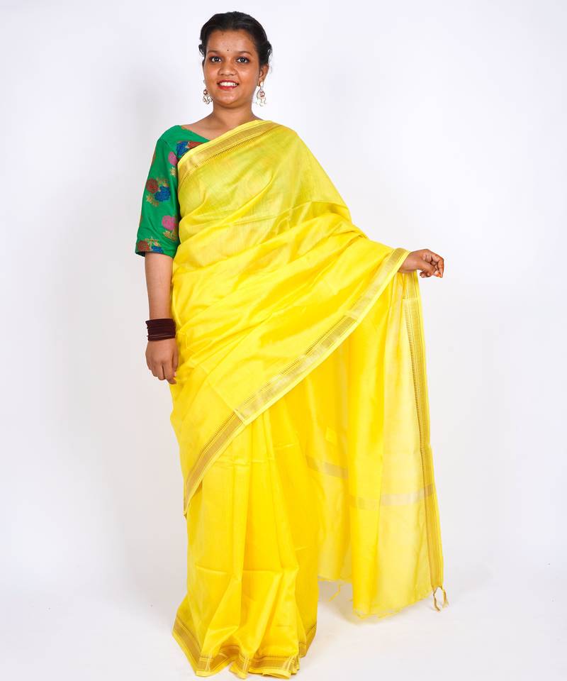 lemon yellow zari work, maheshwari tusser silk blend bhagalpuri ethnic saree with unstitched blouse