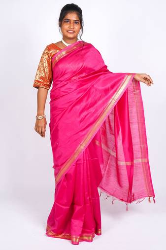 pink zari work, maheshwari tusser silk blend bhagalpuri ethnic saree with unstitched blouse