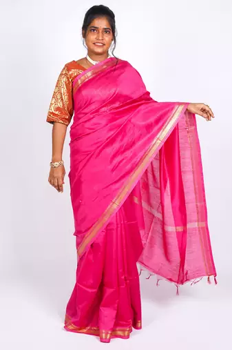pink zari work, maheshwari tusser silk blend bhagalpuri ethnic saree with unstitched blouse