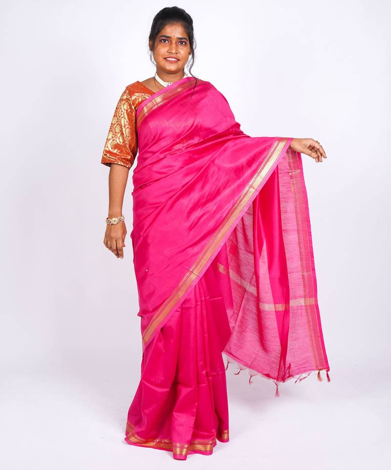 pink zari work, maheshwari tusser silk blend bhagalpuri ethnic saree with unstitched blouse