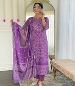  lavendor Crepe Embroidery Work Straight Kurta Pant and Dupatta Set