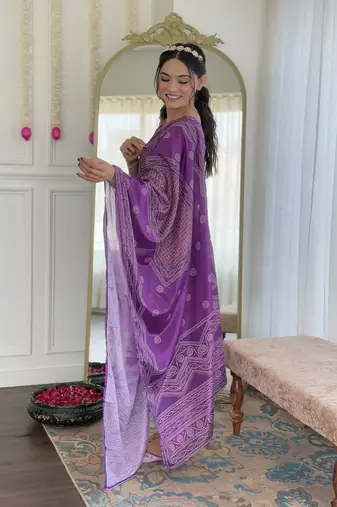  lavendor Crepe Embroidery Work Straight Kurta Pant and Dupatta Set