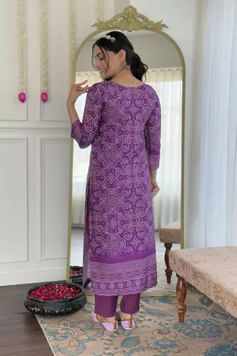  lavendor Crepe Embroidery Work Straight Kurta Pant and Dupatta Set