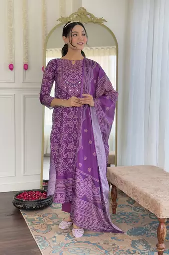  lavendor Crepe Embroidery Work Straight Kurta Pant and Dupatta Set
