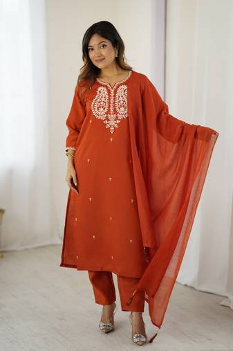  Orange Chanderi Silk Thread Work Straight Kurta Pant and Dupatta Set