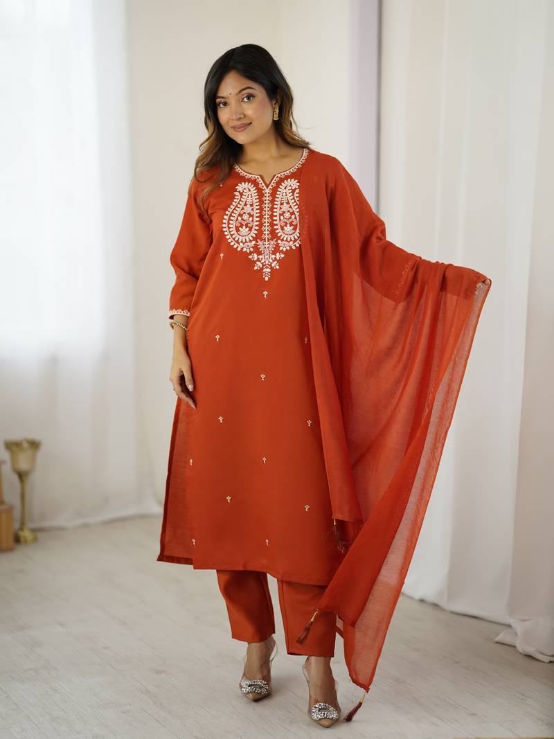  Orange Chanderi Silk Thread Work Straight Kurta Pant and Dupatta Set