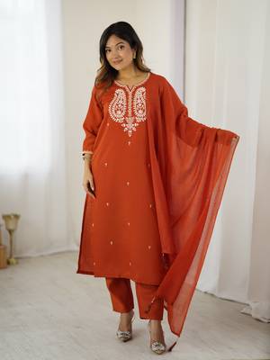 Orange Chanderi Silk Thread Work Straight Kurta Pant and Dupatta Set 1