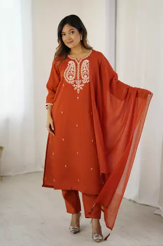 Orange Chanderi Silk Thread Work Straight Kurta Pant and Dupatta Set