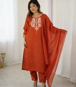  Orange Chanderi Silk Thread Work Straight Kurta Pant and Dupatta Set