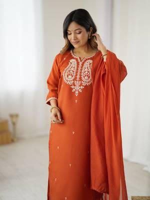  Orange Chanderi Silk Thread Work Straight Kurta Pant and Dupatta Set 2