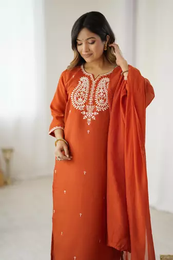  Orange Chanderi Silk Thread Work Straight Kurta Pant and Dupatta Set