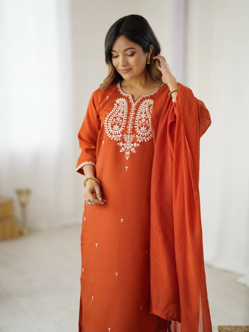  Orange Chanderi Silk Thread Work Straight Kurta Pant and Dupatta Set