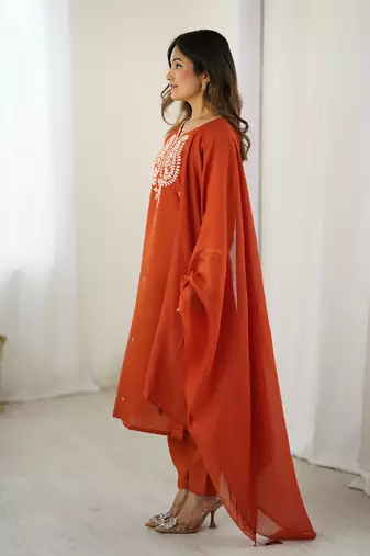  Orange Chanderi Silk Thread Work Straight Kurta Pant and Dupatta Set