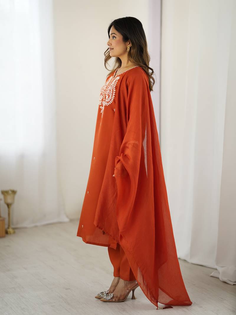  Orange Chanderi Silk Thread Work Straight Kurta Pant and Dupatta Set