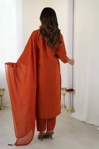 Orange Chanderi Silk Thread Work Straight Kurta Pant and Dupatta Set