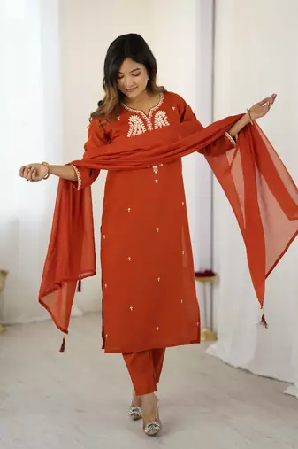  Orange Chanderi Silk Thread Work Straight Kurta Pant and Dupatta Set