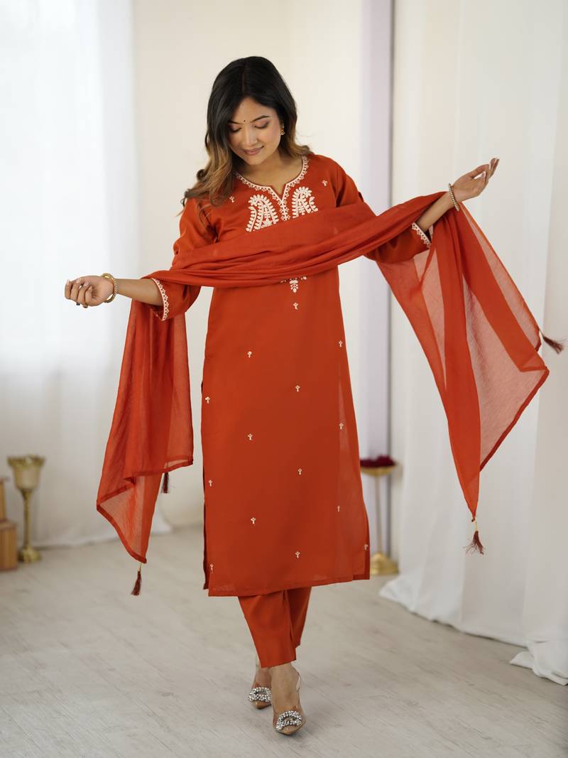 Orange Chanderi Silk Thread Work Straight Kurta Pant and Dupatta Set
