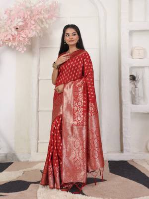 Red color weving work lichi silk fancy saree with blouse 1