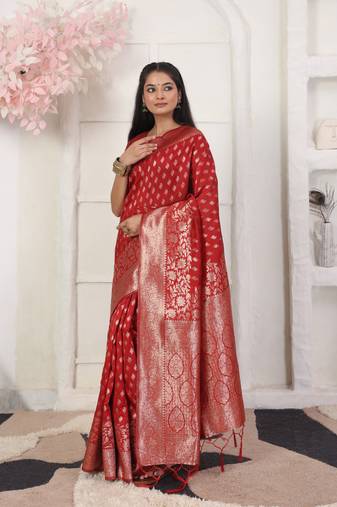 Red color weving work lichi silk fancy saree with blouse