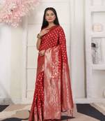 Red color weving work lichi silk fancy saree with blouse
