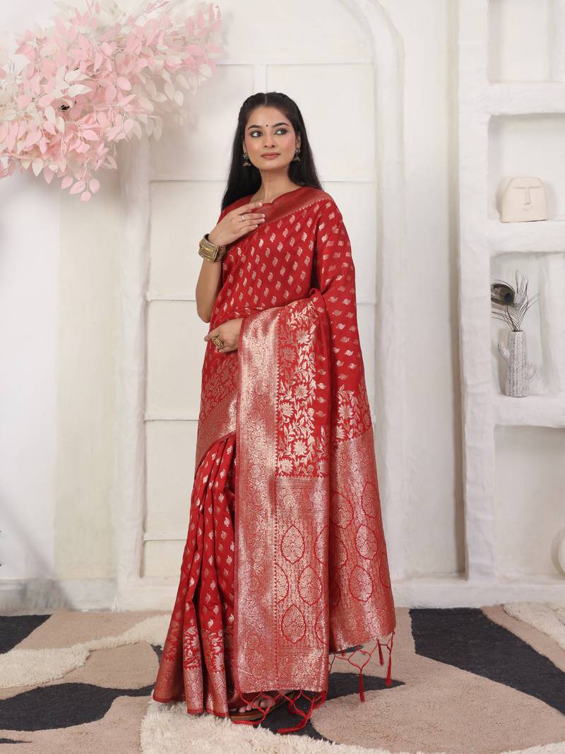 Red color weving work lichi silk fancy saree with blouse