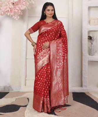 Red color weving work lichi silk fancy saree with blouse 2