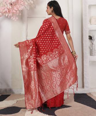 Red color weving work lichi silk fancy saree with blouse 3