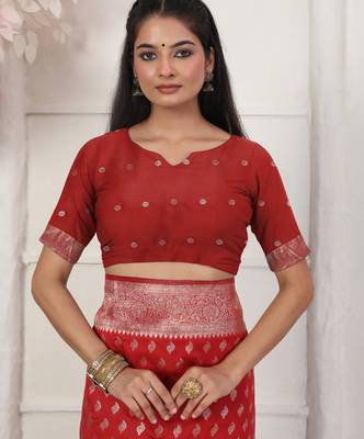 Red color weving work lichi silk fancy saree with blouse 4